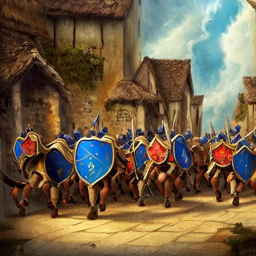 Image similar to A group of Knights wearing blue gambesons march through a village, while the villagers look in awe, stunning, cloudy, high complexity, fantasy, award-winning illustration, upscaled, 8k resolution