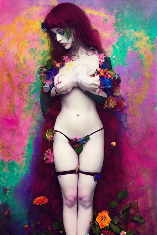 Image similar to pre-raphaelite punk rock dark rainbow noir anime girl painting, floral detail, photo by Annie Leibovitz, Anton Fadeev