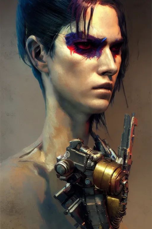 Image similar to full character portrait max mad cyberpunk, a future solider girl character design, final fantasy face, painting by gaston bussiere, katsuya terada, nc wyeth, greg rutkowski, craig mullins, vermeer, trending on artstation, jeffery catherine jones