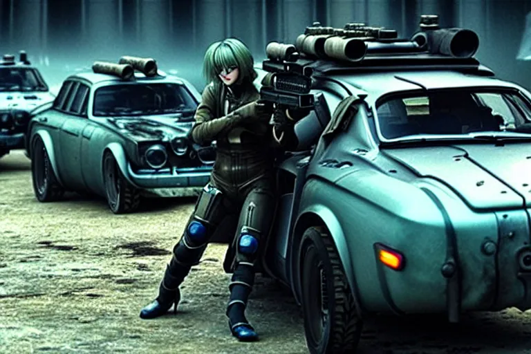 Image similar to masamune shirow movie still from ghost in the shell dieselpunk mad max alpine a 1 1 0 with guns installed