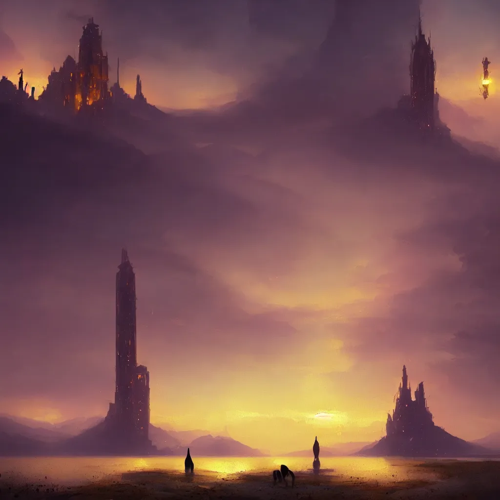 Image similar to lake filed with molten gold, volume lighting, cat on for ground and purple tower on back ground concept art, by greg rutkowski