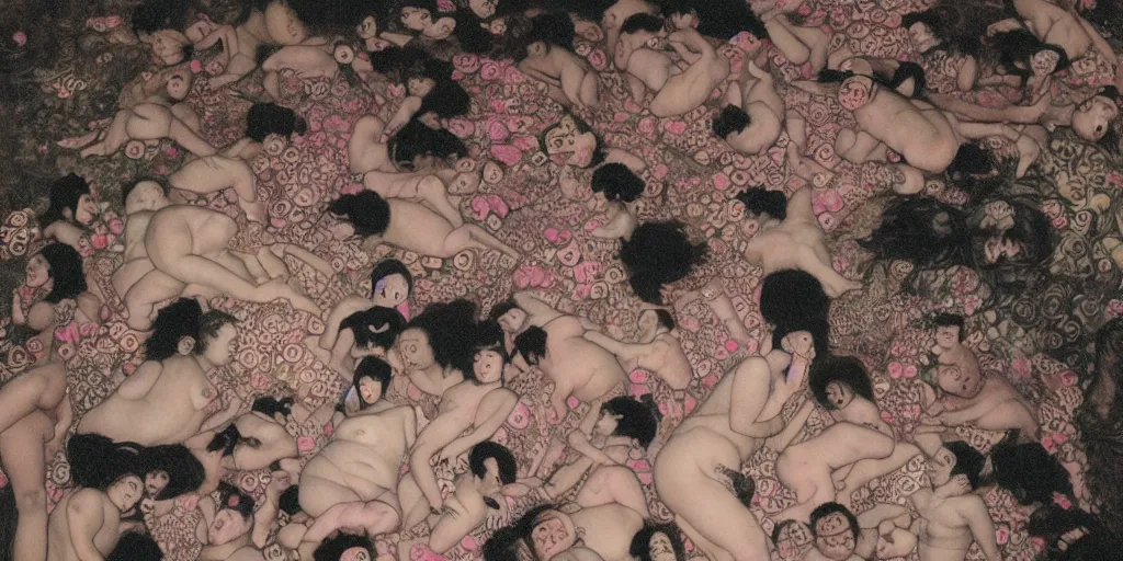 Image similar to flying fat hairy human bodies intertwined in an uneven fog in the style of nobuyoshi araki and klimt