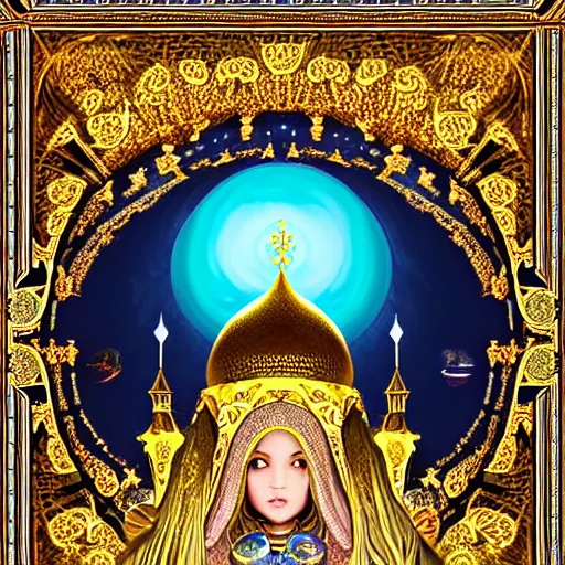 Prompt: symetrical art noveau poster illustration highly detailed ornate with jewels and precious metals majestic face of the sandman kingdom, close up in the bg entrance castle kingdom of dreams, space ships, futuristic, land of advanced races, giants, hollow earth, hiperrealistc, global illumination, radiant light, detailed and intricate environment. art by oleg oprisco, 8 k