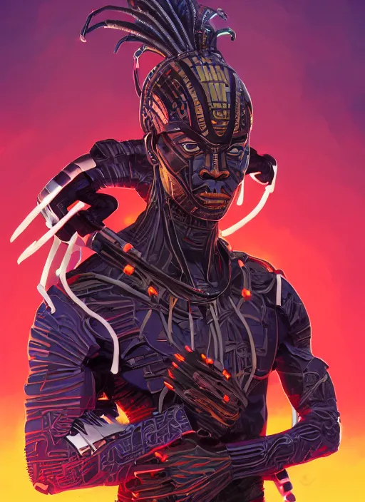 Image similar to highly detailed digital painting of afrofuturistic wakandan scientist cybernetic voodoo priest, masculine and sinister, 2 d game fanart behance hd by jesper ejsing, by rhads, makoto shinkai and lois van baarle, ilya kuvshinov, rossdraws, dramatic sunset, global illumination, radiant light, detailed and intricate environment