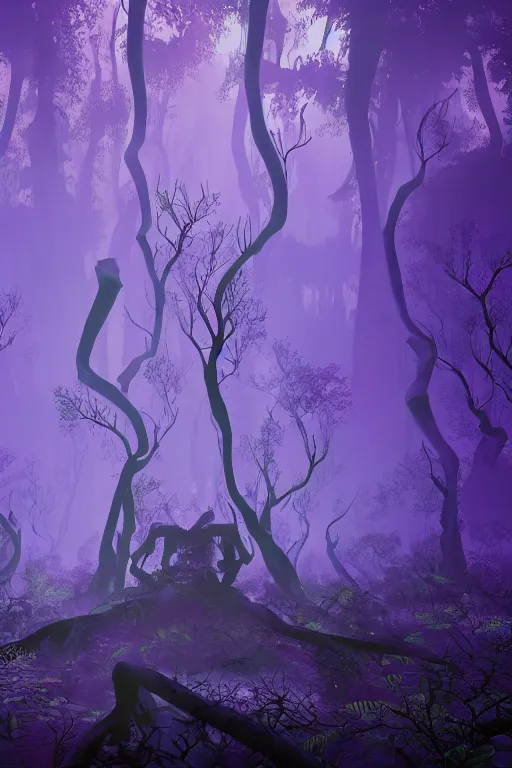 Image similar to a gigantic shaman figure within the purple forest as the sunlight breaks through the trees, neon blue cloak, smoke, smog, roots, mycelium, vines, ultradetailed, volumetric lighting, 4k UHD.