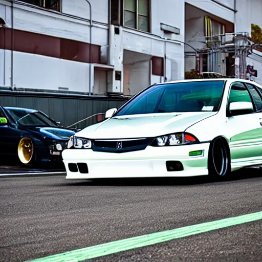 Image similar to four-door green jdm acura integra at a japanese car meet, lowered with hre wheels