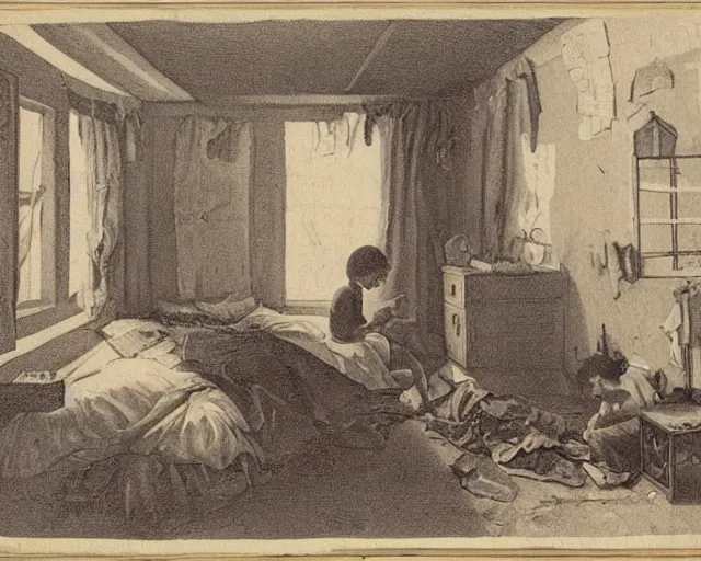 Prompt: shabby! room, isometric view, with window on the right wall, with bed at the left wall, with cute boy with long dark - brown! hair and dark - brown eyes, the boy is sitting on the bed, the boy is holding kumys, highly detailed painting