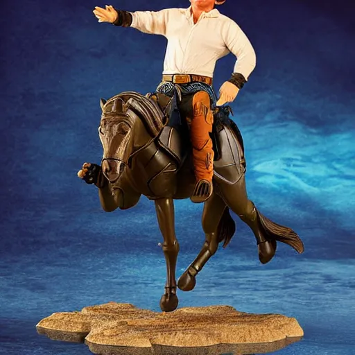 Image similar to john wayne riding a dolphin. action figure by hot toys. studio lighting.