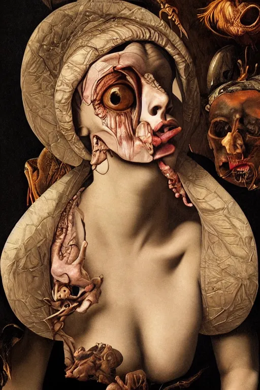 Image similar to Detailed maximalist portrait with large lips and with large wide eyes, surprised expression, surreal extra flesh and bones, HD mixed media, 3D collage, highly detailed and intricate, illustration in the golden ratio, in the style of Caravaggio, dark art, baroque