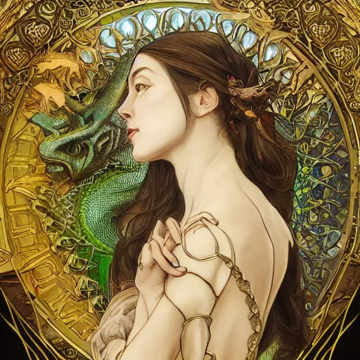 Image similar to portrait of the dragon queen by artgerm and H R Giger and alphonse mucha, Dragon in dragon lair, HD, full body dragon concept, flying dragon, Human body with dragon features, beautiful queen, perfect face, ray tracing, 4k realistic 3d rendered portrait, soft shading, soft colors, relaxed colors, hyperdetailed, wide angle lens, fantasy, futuristic horror, armor style of giger