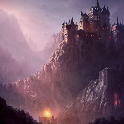 Image similar to dracula's castle, dark mountains, bats in sky, omnious feeling, winding gravel path, carpathian mountains, illustration, epic, fantasy, intricate, hyper detailed, artstation, concept art, smooth, oil painting, jessica rossier