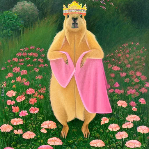 Prompt: anatomically correct capybara wearing a light pink cape and a encrusted golden crown, in a beautiful flower garden, oil painting