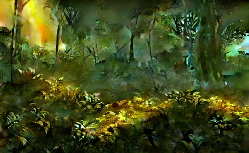 Image similar to a beautiful render of a dark prehistoric cloud forest, lush flora, patches of yellow - orange sky, dark green leaves, intricate detail, god rays, hazy, humid, volumetric lighting, 8 k, photorealistic, raytracing effects, unreal engine 5