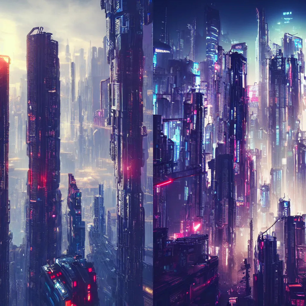Prompt: view of immense skyscrapers of a cyberpunk city, outrun, futuristic, cinematic feel, high octane, 4K, Unreal Engine, dramatic lighting, photorealistic