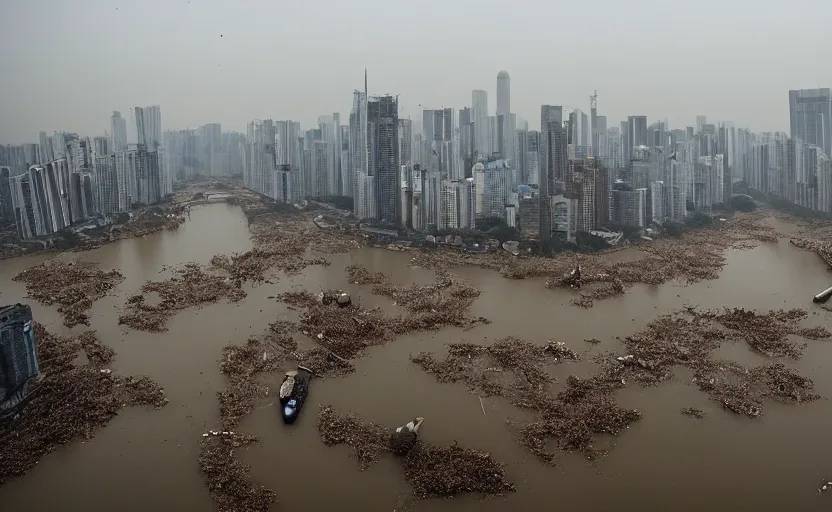 Image similar to a photo of wuhan covered in giant virus and disgusting maggots, slimy river, decrepit bridge, cinematic, 8 k, disturbing, horror, highly detailed