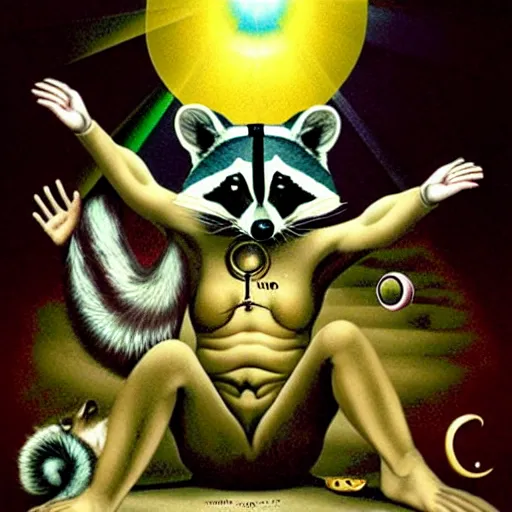 Image similar to racoon - hierophant blessing people in style of dali