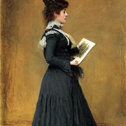 Prompt: young victorian lady in ball gown, absent - minded, holding a book, painted by alfred stevens