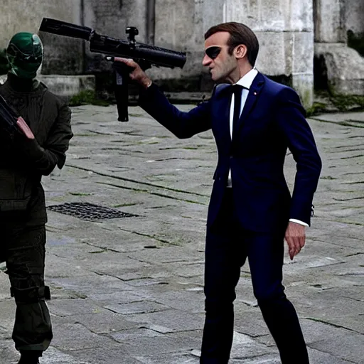 Prompt: emmanuel macron with a gun and shades in the matrix movie, full body shot, highly - detailed, sharp focus, award - winning