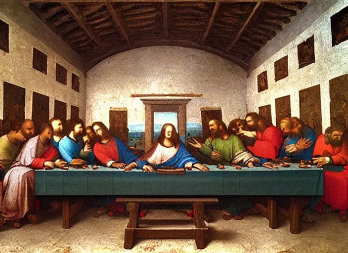 Prompt: Computer LAN party of the last supper painting by Leonardo Da Vinci, oil painting