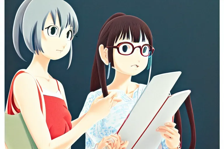 Prompt: portrait of two wise and very beautiful women discussing some texts appearing in a computer screen, art by mamoru hosoda, intricate, elegant, highly detailed, smooth, sharp focus, artstation