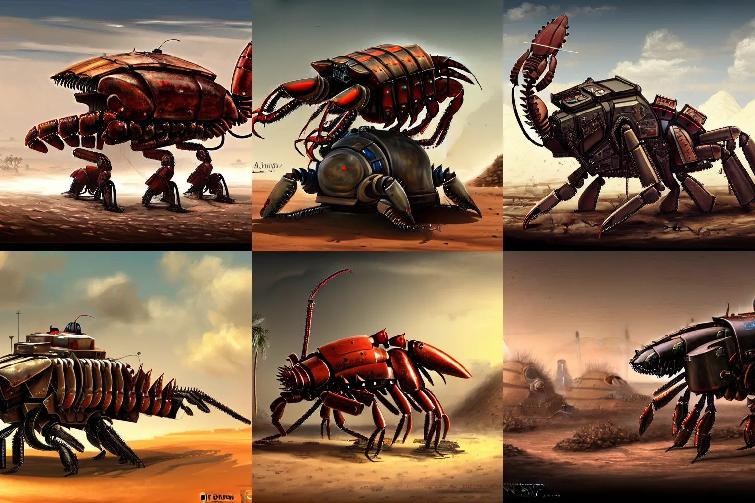 Prompt: a very large mechanical armored robot lobster, the back is opened up revealing small mud walled village huts living on the back of the mechanical lobster. desert environment. digital art, trending on art station, highly detailed,