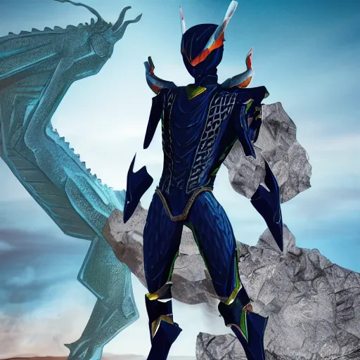 Image similar to High Fantasy Kamen Rider standing in a rock quarry, full body, 4k, glowing eyes, daytime, rubber suit, dark blue segmented armor, dragon inspired armor