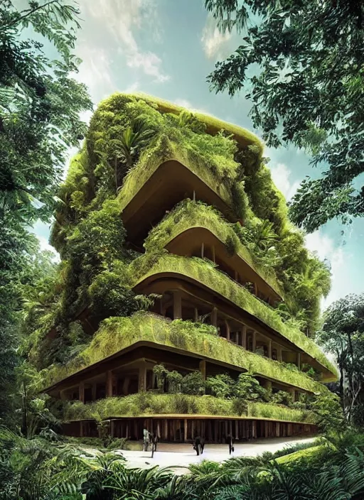 Image similar to “beautiful Amazon forest architecture building , the building is in a forest , luxury architecture, architecture digest, building surrounded in a luxury environment, bright tones, fluorescent lighting,volumetric Lighting, photorealism, high detail, golden ratio, cinematic, octane renderer”