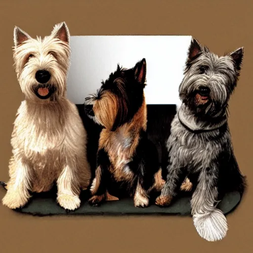 Image similar to a family of west highland terriers in the style of norman rockwell