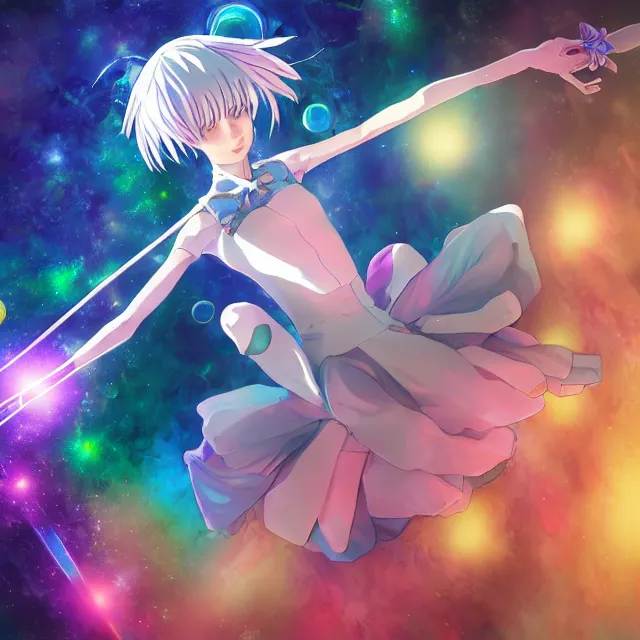 Image similar to rei ayanami, deep space, seascape, grimes, silver hair, shikinami asuka langley, card captor sakura, bunny ears, cosmos, psychedelic flowers, black opal, rainbow aura quartz, organic, oni compound artwork, of character, render, artstation, portrait, wizard, beeple, art, fantasy, epcot, psychedelic glitchcore