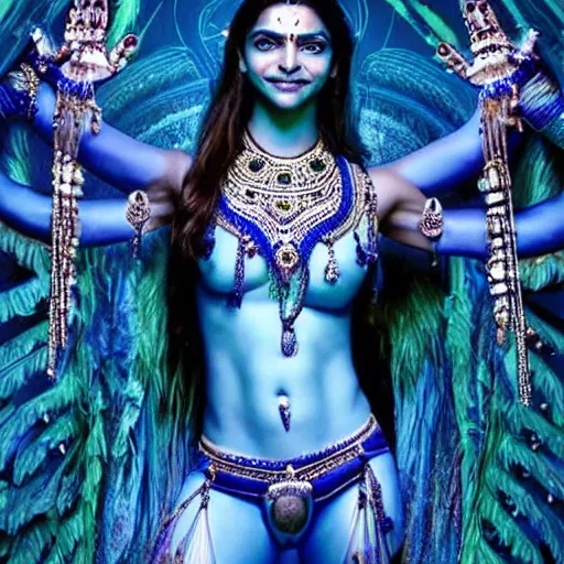 Prompt: extremely beautiful deepika padukone as a blue - skinned indian goddess with six arms, symmetric, aesthetic!!!, cosplay, studio lighting, beautiful symmetric face, clean composition, highly symmetric body parts, gazing eyes, blue skin, blue body paint