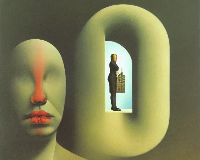 Prompt: change by rene magritte and beksinski, hybrid stylistic creation