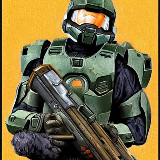 Image similar to master chief in the style of norman rockwell