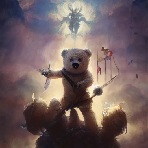 Image similar to a teddy bear pointing a sword at a monster above a child's bed, illustrated by miyazaki by karol bak, james jean, tom bagshaw, rococo, sharp focus, trending on artstation, cinematic lighting, hyper realism, octane render, 8 k, hyper detailed, vivid, ultra detailed, highly detailed