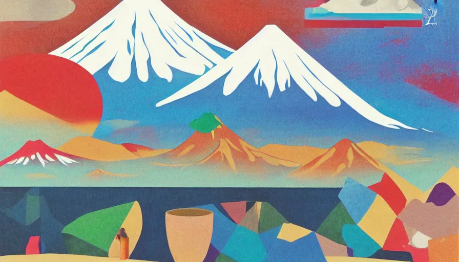 Prompt: award winning graphic design poster, cutouts constructing an contemporary art depicting a lone mount fuji in the distance behind a mountain range isolated on white, a ramen bowl full of rural splendor, bountiful crafts, local foods, edgy and eccentric abstract cubist realism, composition confined and isolated on white, mixed media painting by Leslie David and Lisa Frank for juxtapose magazine