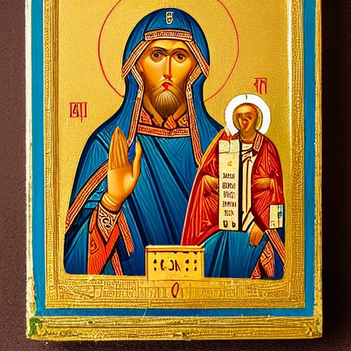 Image similar to russian orthodox icon showing saint with a mobile phone