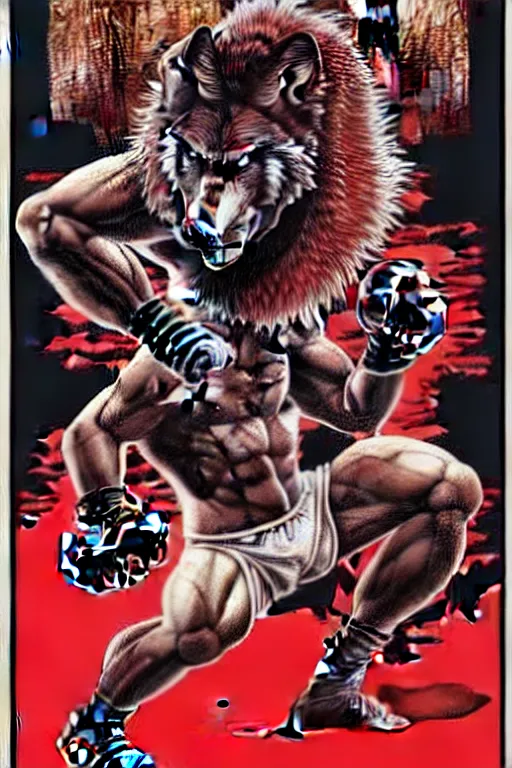 Image similar to extreme long shot. 8 bit nes graphics. antropomorphic muscular masculine wolf. kickboxer fighter, in shorts. wolf head. angry. fine details, very sharp, art from nes game cartridge, 8 0's, vhs artefacts, vaporwave style, marc simonetti and hermann nitsch and anish kapoor.