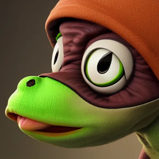 Prompt: a sadge - sad - pepe - the - turtle - ninja, looking more depressed than usual, quivering lips, fists in the air, sweat flying, cgi render, zbrush, octane, keyshot render