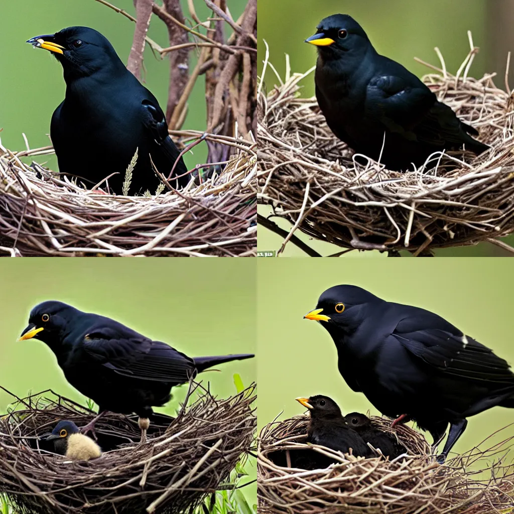 Prompt: award-winning picture of male blackbird feeding its chicks in their nest