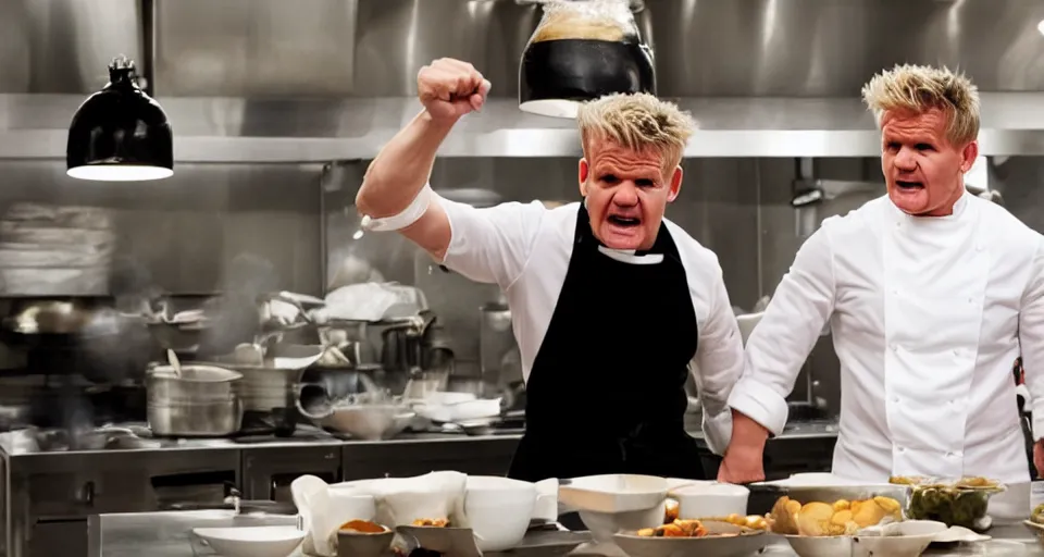 Image similar to photo of angry furious Gordon Ramsay punching Gordon Ramsay at the kitchen