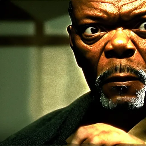 Image similar to film by tarkovsky, stalker style, pulp fiction movie, highly detailed, photorealistic, full - body, samuel l jackson posing in cafe, perfect symmetrical eyes, 8 k resolution, digital art, hyper realistic