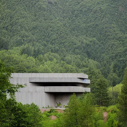 Prompt: lush and beautiful green mountain landscape, with a brutalist futuristic building, architecture, unpainted concrete, by aalto alvar, by ando tadao, by chipperfield david, frank lloyd wright, by peter zumthor