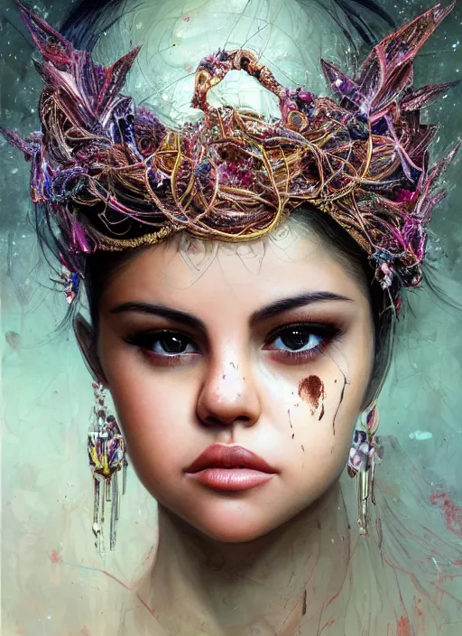 Image similar to expressive photo of selena gomez mixed with sophia lauren, bumpy mottled skin full of blood and scars, ornate headpiece made from crystals, cables and wires, hypermaximalist, elegant, body horror, by karol bak nd yoshitaka amano and greg rutkowski and jeremyg lipkinng and artgerm, photorealistic