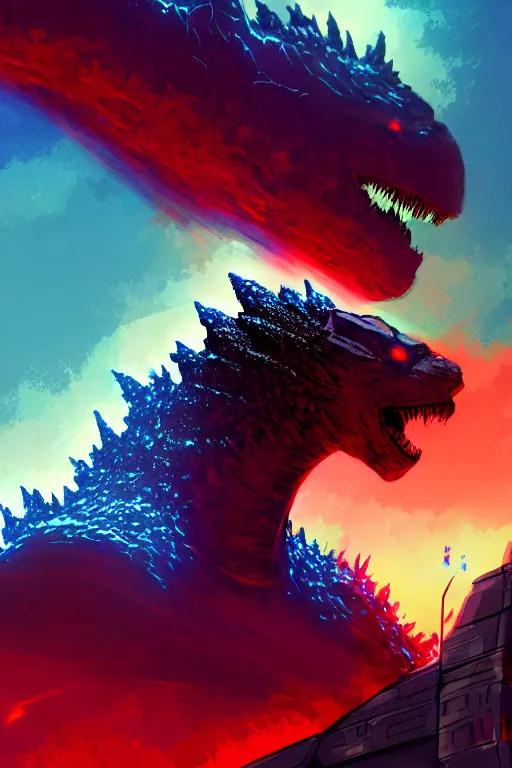 Prompt: concept art by jama jurabaev, cel shaded, cinematic shot, trending on artstation, high quality, brush stroke, hyperspace, vibrant colors, portrait of godzilla