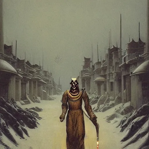 Prompt: portrait of masked dune dynasty on the snow art deco streets of the undying empire city of ya - sattra during the festival of masks in the night, award - winning realistic sci - fi concept art by beksinski, bruegel, greg rutkowski, alphonse mucha, and yoshitaka amano