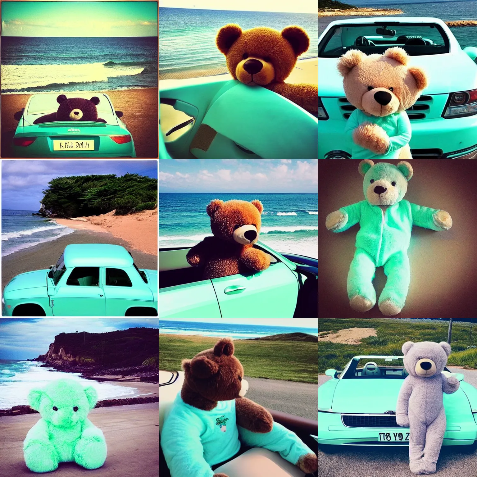 Prompt: “teddy bear in a mint green onesie driving a convertible next to the ocean”