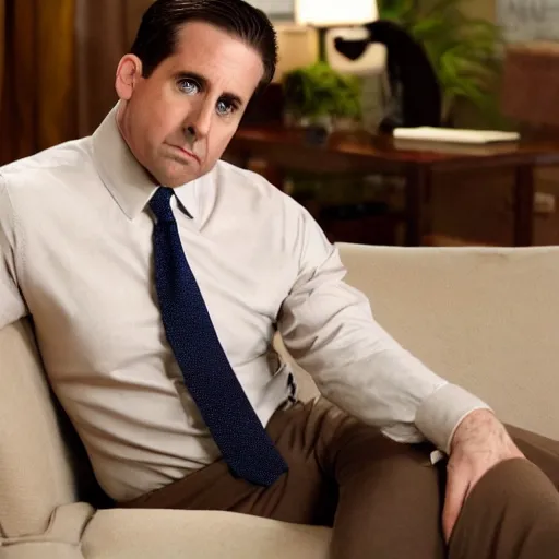 Image similar to full body photo of michael scott, mature male, mysterious face. he is sitting gracefully on a sofa, elegant slim beige shirt, tight shirt, bouncy belly