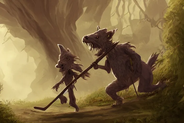 Image similar to a lone brownish whiteish kobold traveling the long dirt road carrying a bindle stick, d & d, fantasy setting, character concept art, 4 k, digital art