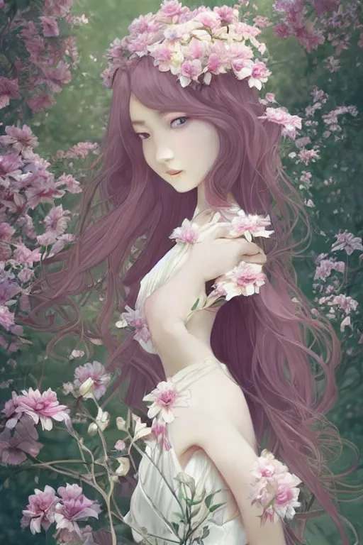 Image similar to romantic and fashion and love princess of the flower with sheath dress, 8 k realistic, teenager girl, baroque, symmetrical, flowing hair, smile, trending pinterest and pixiv, muted colors, hyperrealistic, l close up shot, character concept art, face by kyoung hwan kim, alexandra fomina, ilya kuvshinov