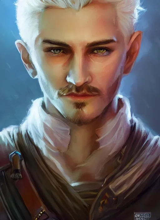 Image similar to young man with short white hair and moustache, dndbeyond, bright, colourful, realistic, dnd character portrait, full body, pathfinder, pinterest, art by ralph horsley, dnd, rpg, lotr game design fanart by concept art, behance hd, artstation, deviantart, hdr render in unreal engine 5