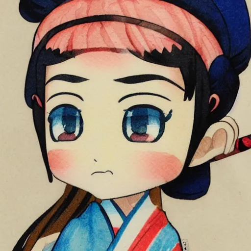 Image similar to beautiful water color concept art of face detailing cute nendoroid girl in the style of ukiyoe , toon rendering, close-up, no shade, modern art